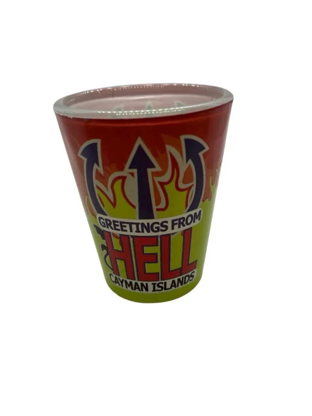 Vintage Greetings From Hell Cayman Islands Shot Glass Souvenir Red Green Flames